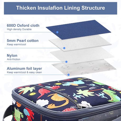 Lunch Bag For Kids,Dinosaur Insulated Blue Lunch Bag & Side Mesh Pocket - Image 4